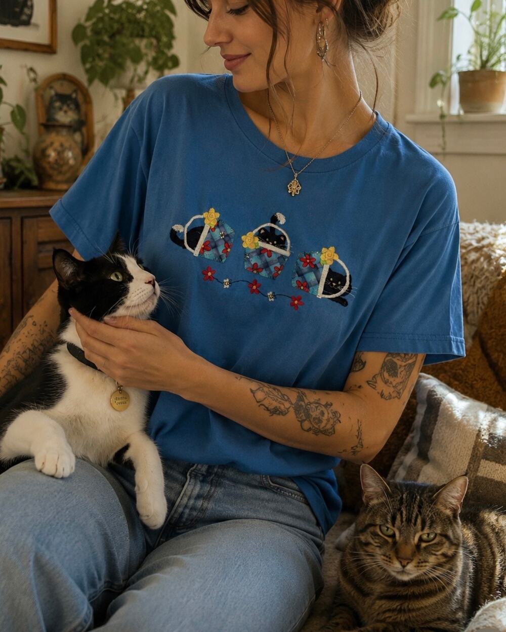 Vintage Top Stitch Cat Basket Appliqué embroidered T Shirt 90s retro Made USA S